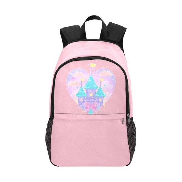 Kawaii Castle Pink Fabric Backpack with Mesh Pockets