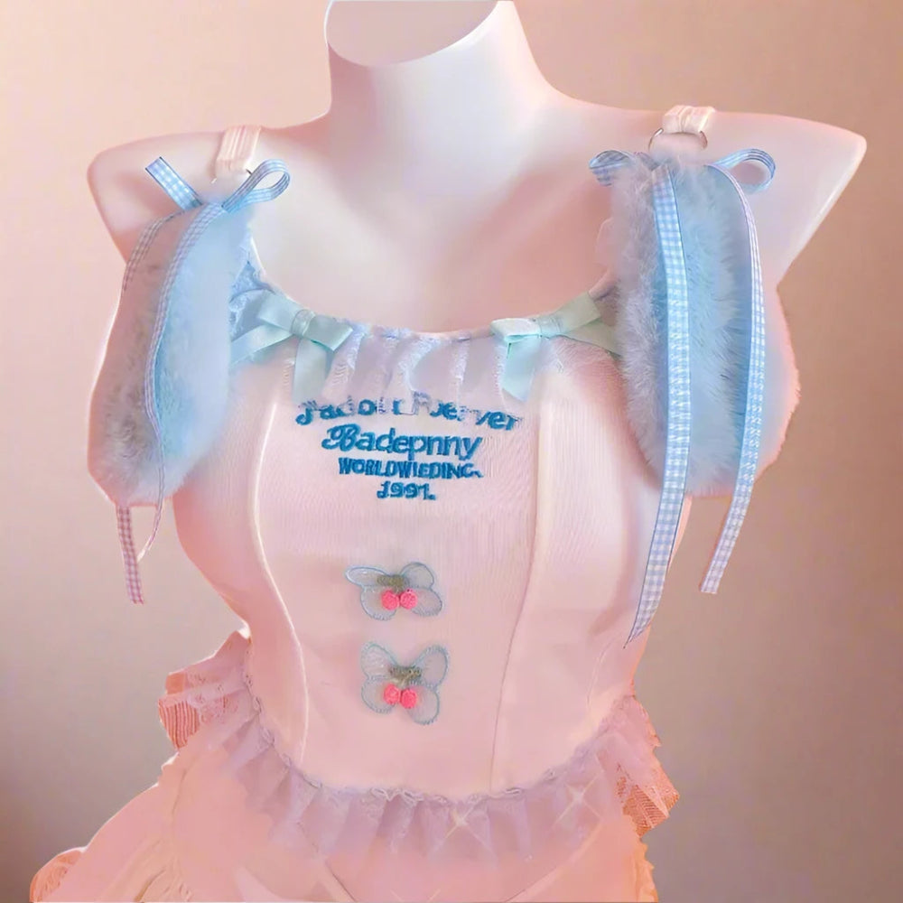 Kawaii Plush Rabbit Ear Camisole | Y2K Fairy Kei Style Lace Crop Top for Women - In Control Clothing