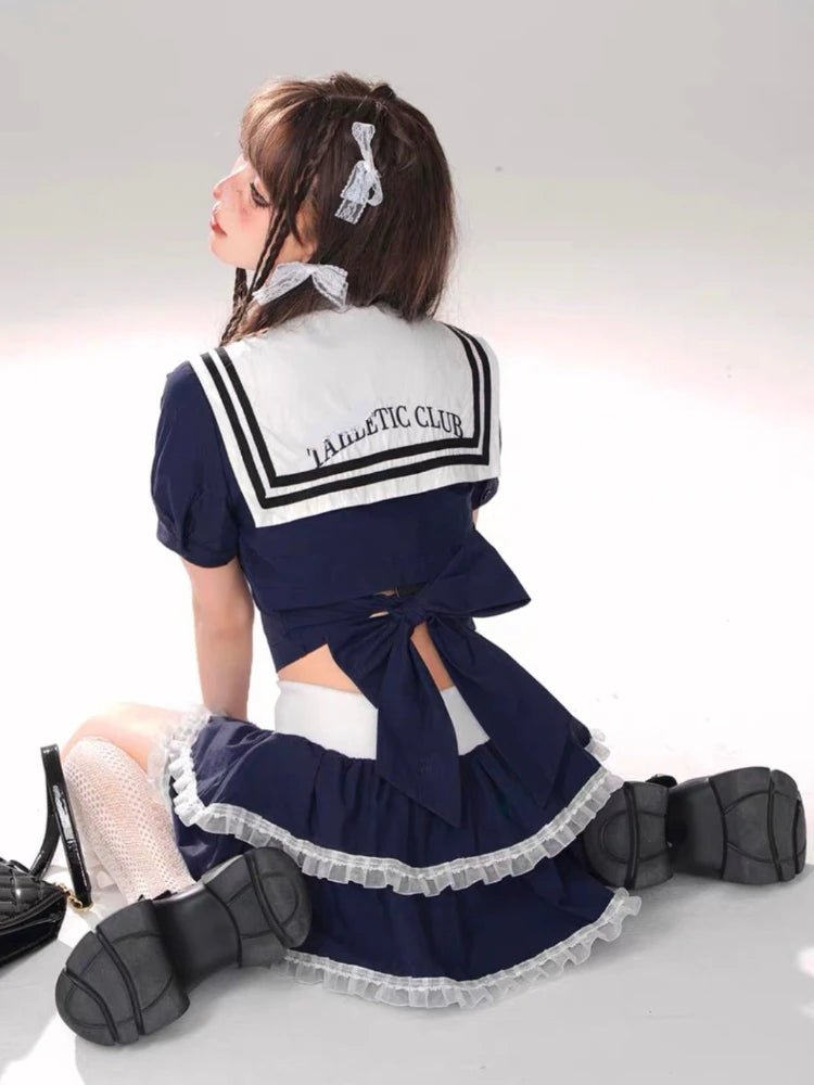 Kawaii Seifuku 2 Piece Set – Y2K Crop Top and Fluffy Mini Skirt - In Control Clothing