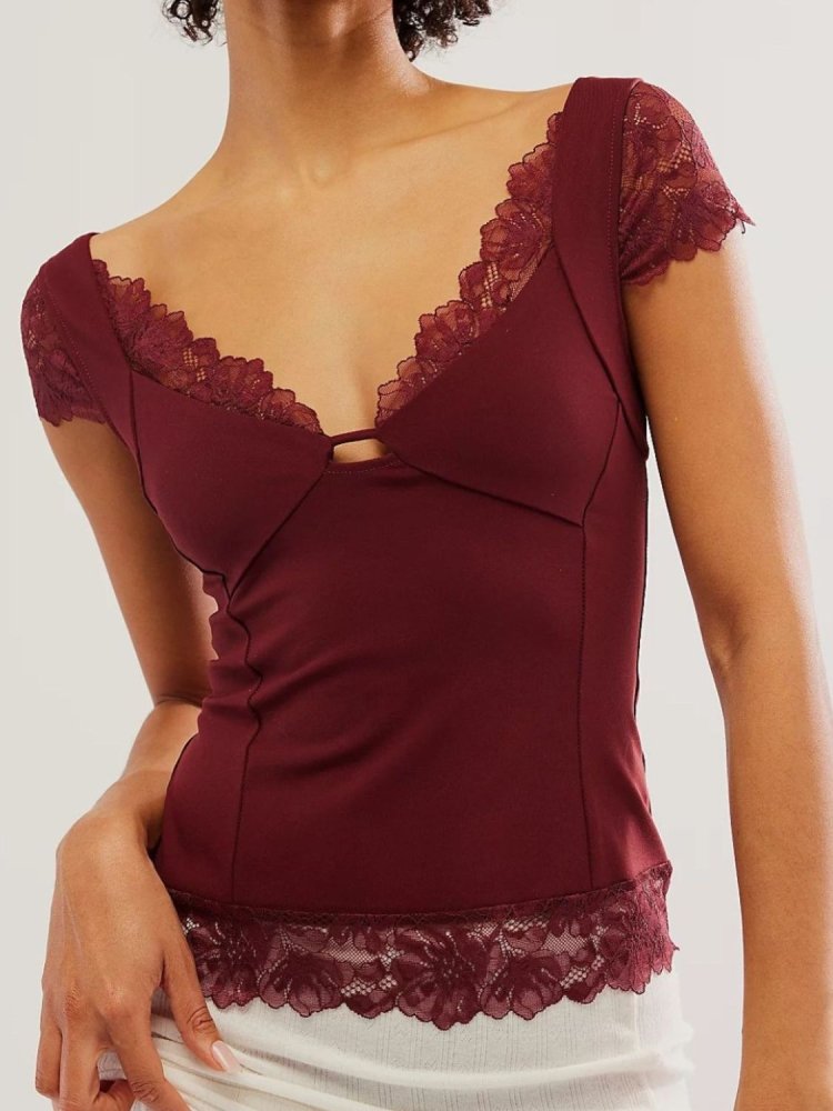 Lace Detail V - Neck Cap Sleeve Top