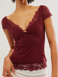 Lace Detail V - Neck Cap Sleeve Top
