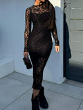 Lace Round Neck Long Sleeve Midi Dress