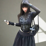 Long Sleeve Sheer Gothic Top - Black Graphic T-Shirt Y2K Fashion - In Control Clothing