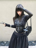 Long Sleeve Sheer Gothic Top - Black Graphic T-Shirt Y2K Fashion - In Control Clothing