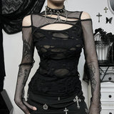 Mall Gothic Long Sleeve T - Shirt - Frayed Hollow Out Design - In Control Clothing