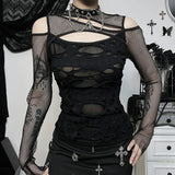 Mall Gothic Long Sleeve T - Shirt - Frayed Hollow Out Design - In Control Clothing