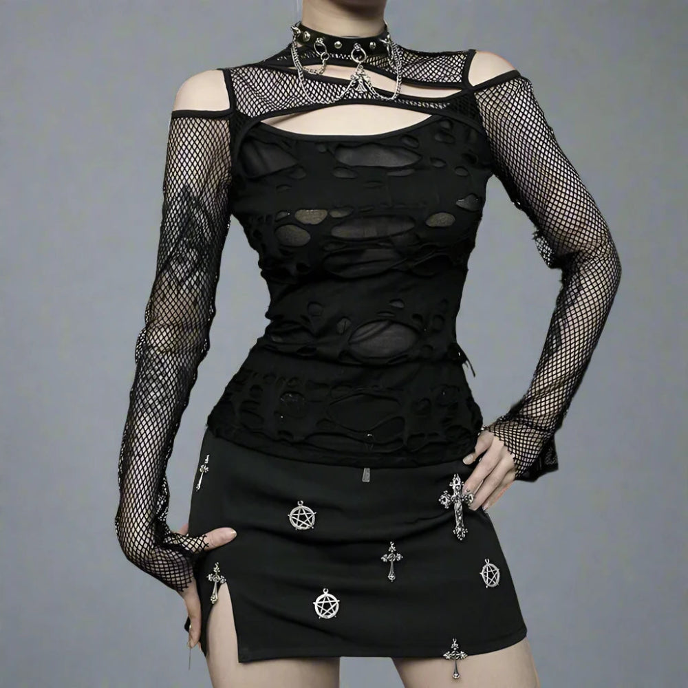 Mall Gothic Long Sleeve T - Shirt - Frayed Hollow Out Design - In Control Clothing