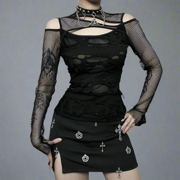 Mall Gothic Long Sleeve T-Shirt - Frayed Hollow Out Design