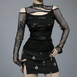 Mall Gothic Long Sleeve T - Shirt - Frayed Hollow Out Design - In Control Clothing