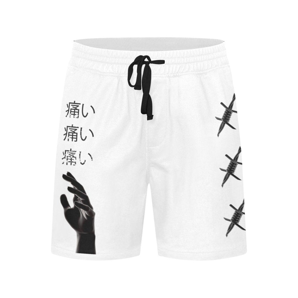 Mens Cyber Grunge Aesthetic Art Barbwire Mid-Length White Shorts - In Control Clothing