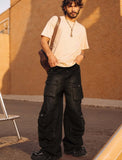 Men's Cyber Grunge Wide-Leg Jeans - Multi-Pocket, Washed Black, Retro Y2K Style - In Control Clothing