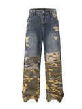 Men's Full Size Distressed Denim Jeans with Camo Patchwork Detailing Plus Size