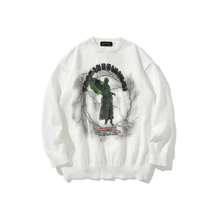 Men's Gothic Angel Embroidered Sweater - Oversized Alternative Knit