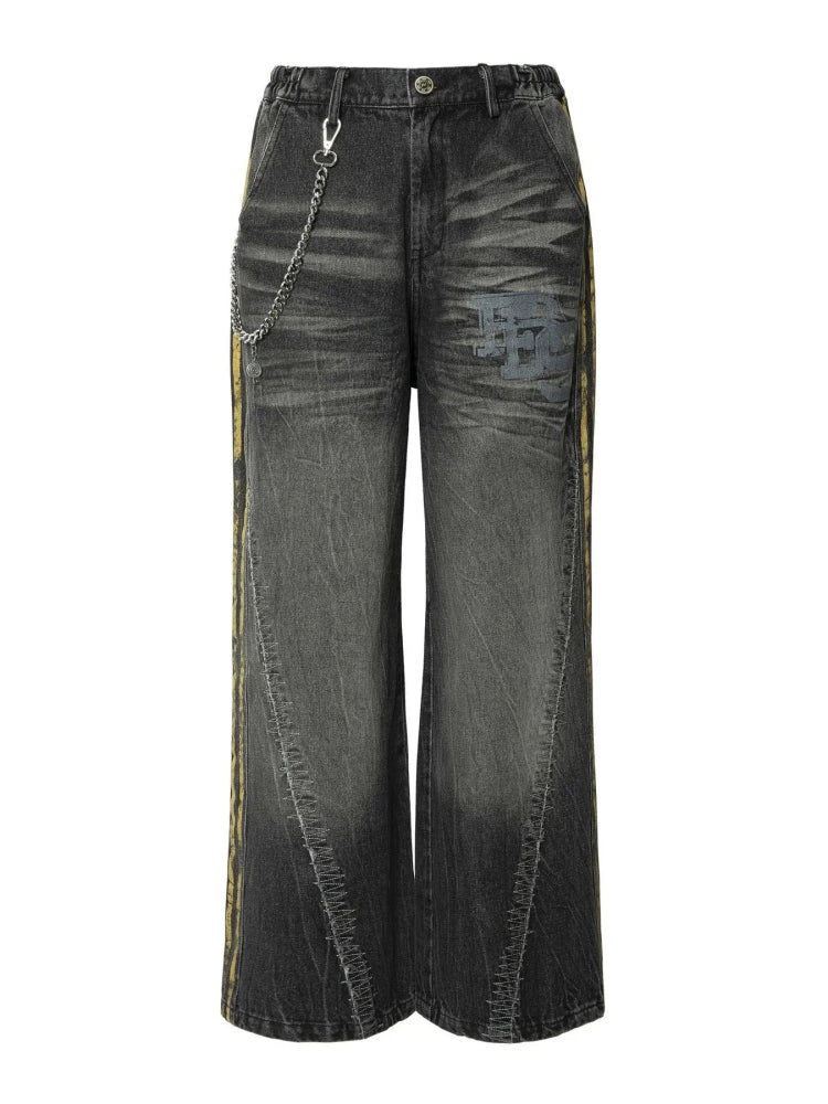 Men's Vintage Washed Wide Leg Jeans with Chain Detail