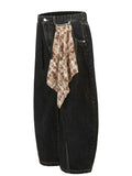 Men's Washed Curved Denim Shorts with Decorative Scarf