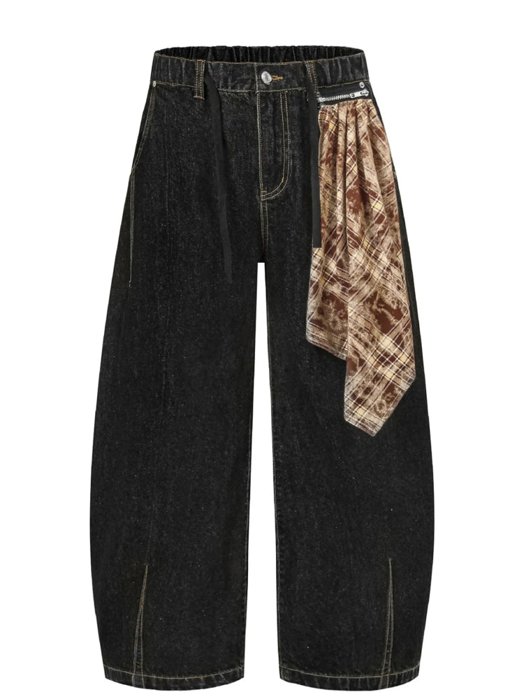 Men's Washed Curved Denim Shorts with Decorative Scarf