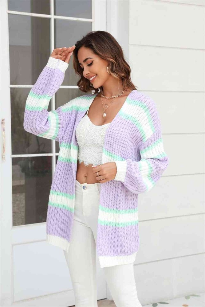 Pastel Color Block Ribbed Dropped Shoulder Open Front Cardigan