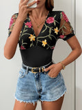 Perfee Embroidered V - Neck Floral Bodysuit