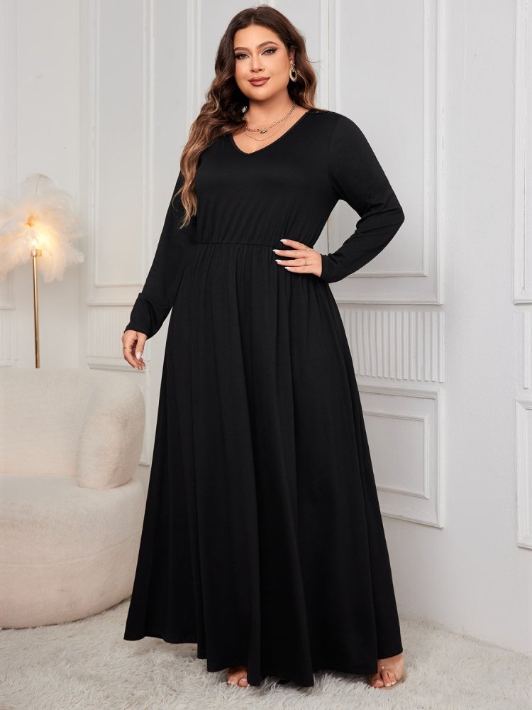 Plus Size Cutout V - Neck Long Sleeve Maxi Dress - In Control Clothing