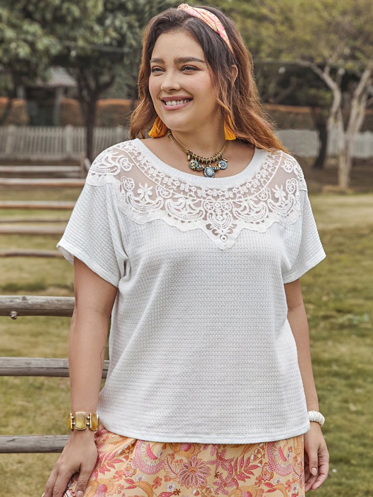 Plus Size Fashion Lace Detail Short Sleeve Top - In Control Clothing