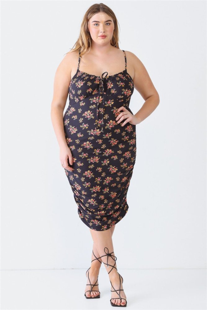 Plus Size Leopard Ruched Floral Square Neck Cami Dress
