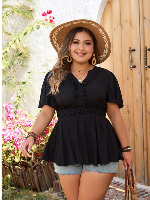 Plus Size Notched Short Sleeve Blouse