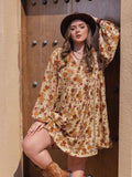 Plus Size Printed V - Neck Balloon Sleeve Mini Dress