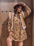 Plus Size Printed V - Neck Balloon Sleeve Mini Dress