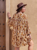Plus Size Printed V - Neck Balloon Sleeve Mini Dress
