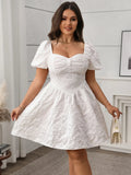 Plus Size Smocked Sweetheart Neck Puff Sleeve White Mini Dress