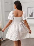 Plus Size Smocked Sweetheart Neck Puff Sleeve White Mini Dress