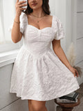Plus Size Smocked Sweetheart Neck Puff Sleeve White Mini Dress