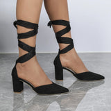 Pointed Toe Ankle Strap Block Heel Pumps