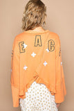 POL Peace Embroidered Exposed Seam Back Ruffle V - Neck Top