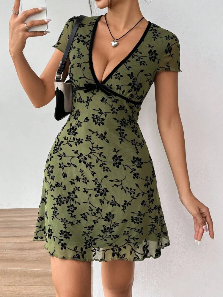 Printed V - Neck Short Sleeve Mini Dress