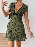 Printed V - Neck Short Sleeve Mini Dress