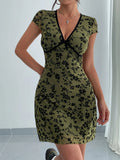 Printed V - Neck Short Sleeve Mini Dress