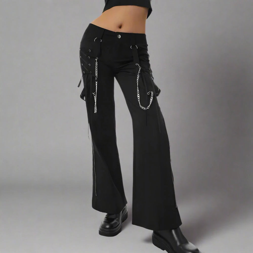 Punk Low - Waist Black Pants with Tie - Up Sides and Chains - In Control Clothing