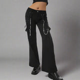 Punk Low - Waist Black Pants with Tie - Up Sides and Chains - In Control Clothing