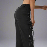 Punk Low - Waist Black Pants with Tie - Up Sides and Chains - In Control Clothing