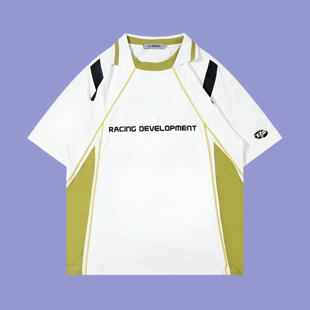 Racing Style Letter Print with Contrast Panels Men's Cotton T-Shirt - In Control Clothing