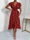 Red Floral Ruffle Sleeve Midi Dress with Side Slit
