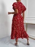 Red Floral Ruffle Sleeve Midi Dress with Side Slit