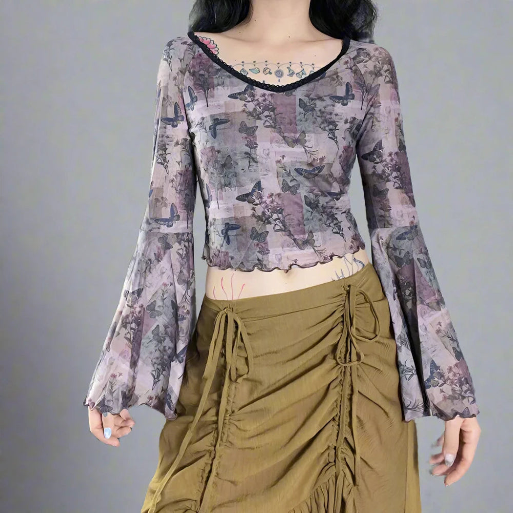 Retro Butterfly Mesh Fairycore Sheer Flare Sleeve Crop Top - In Control Clothing