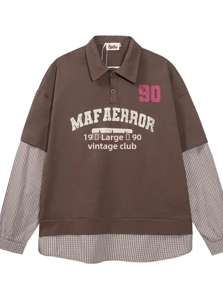 Retro Letter Graphic Polo - Men's Plaid Long Sleeve Shirt