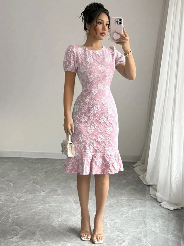 Ruffled Hem Flower Round Neck Short Sleeve Dress