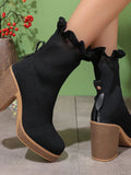 Ruffled Trim Chunky Heel Boots