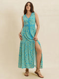 Slit Printed V - Neck Sleeveless Dress