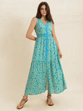 Slit Printed V - Neck Sleeveless Dress