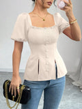 Smocked Square Neck Short Sleeve Blouse